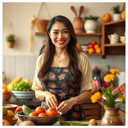 A beautiful Malaysian housewife with very large, round breasts, dressed in fashionable yet comfortable home attire