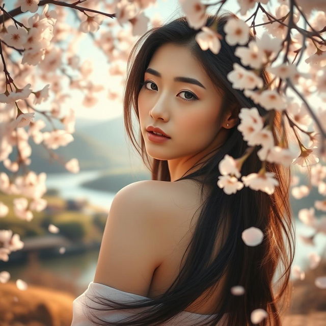 A serene and artistic portrait of a Japanese woman in a tranquil natural setting, gently embracing her beauty and femininity