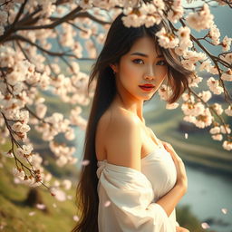 A serene and artistic portrait of a Japanese woman in a tranquil natural setting, gently embracing her beauty and femininity