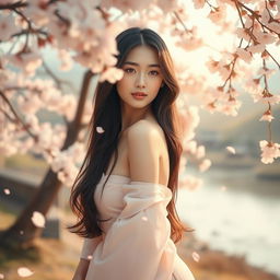 A serene and artistic portrait of a Japanese woman in a tranquil natural setting, gently embracing her beauty and femininity