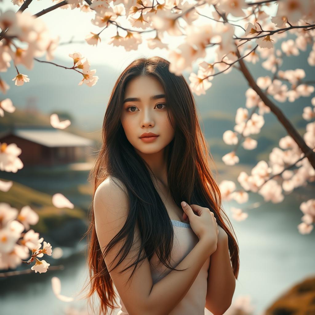 A serene and artistic portrait of a Japanese woman in a tranquil natural setting, gently embracing her beauty and femininity