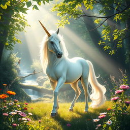 A majestic scene of a mythical unicorn standing gracefully in a sunlit forest glade, surrounded by vibrant wildflowers and lush green foliage