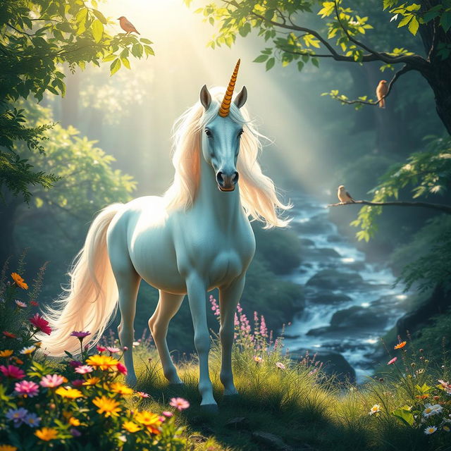 A majestic scene of a mythical unicorn standing gracefully in a sunlit forest glade, surrounded by vibrant wildflowers and lush green foliage