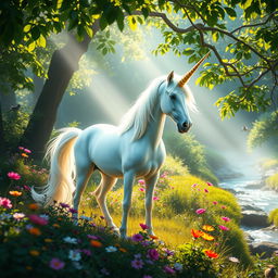 A majestic scene of a mythical unicorn standing gracefully in a sunlit forest glade, surrounded by vibrant wildflowers and lush green foliage