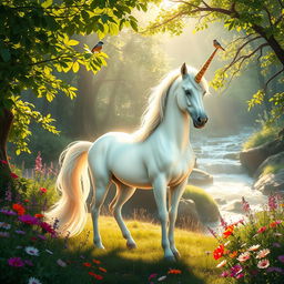 A majestic scene of a mythical unicorn standing gracefully in a sunlit forest glade, surrounded by vibrant wildflowers and lush green foliage