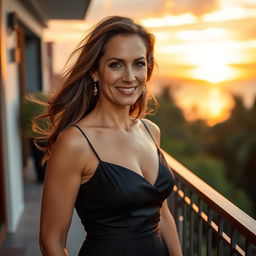 A confident and alluring mature woman in an elegant dress, standing on a balcony overlooking a scenic sunset
