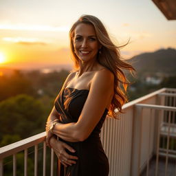 A confident and alluring mature woman in an elegant dress, standing on a balcony overlooking a scenic sunset