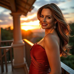 A confident and alluring mature woman in an elegant dress, standing on a balcony overlooking a scenic sunset