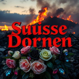 A vibrant and bold graphic titled 'Süße Dornen' in hot red letters, prominently displayed against a dramatic backdrop of a flaming waste dump during dusk