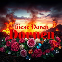 A vibrant and bold graphic titled 'Süße Dornen' in hot red letters, prominently displayed against a dramatic backdrop of a flaming waste dump during dusk