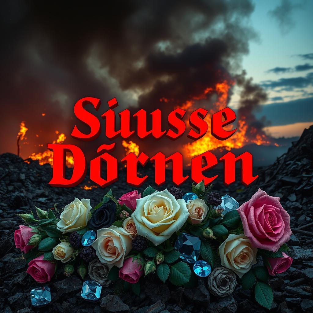 A vibrant and bold graphic titled 'Süße Dornen' in hot red letters, prominently displayed against a dramatic backdrop of a flaming waste dump during dusk