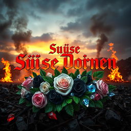 A vibrant and bold graphic titled 'Süße Dornen' in hot red letters, prominently displayed against a dramatic backdrop of a flaming waste dump during dusk