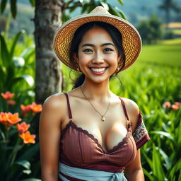 A beautiful Malaysian woman with large, round breasts, depicted as a playful farmer in a scenic rural setting