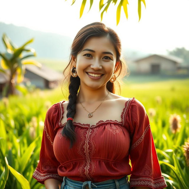 A beautiful Malaysian woman with large, round breasts, depicted as a playful farmer in a scenic rural setting