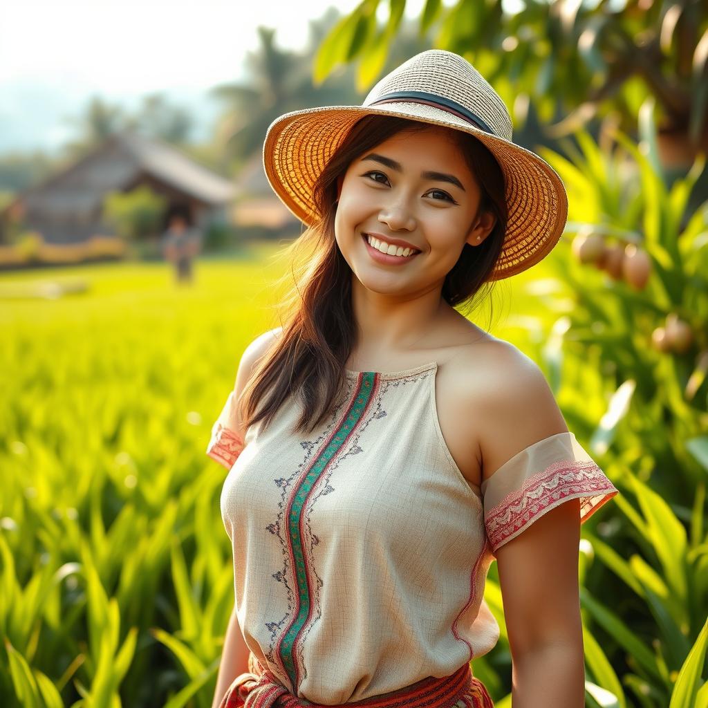 A beautiful Malaysian woman with large, round breasts, depicted as a playful farmer in a scenic rural setting