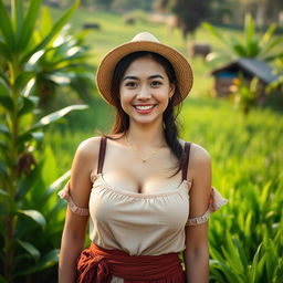 A beautiful Malaysian woman with large, round breasts, depicted as a playful farmer in a scenic rural setting