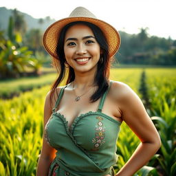 A beautiful Malaysian woman with large, round breasts, depicted as a playful farmer in a scenic rural setting