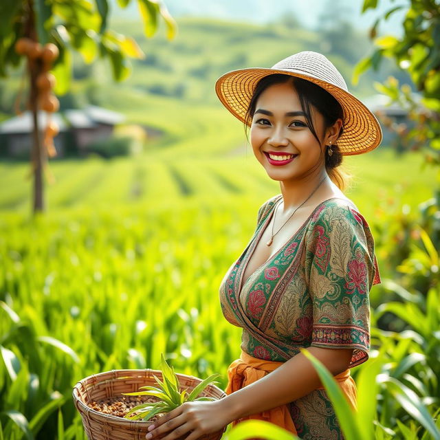 A beautiful Malaysian woman with large, round breasts, depicted as a playful farmer in a scenic rural setting