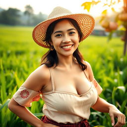 A beautiful Malaysian woman with large, round breasts, depicted as a playful farmer in a scenic rural setting