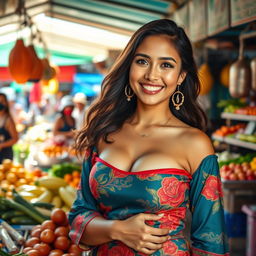 A beautiful Malaysian woman with large, round breasts, depicted as a playful vendor in a vibrant market setting