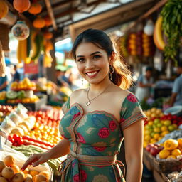 A beautiful Malaysian woman with large, round breasts, depicted as a playful vendor in a vibrant market setting