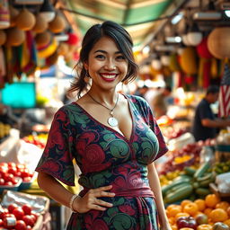 A beautiful Malaysian woman with large, round breasts, depicted as a playful vendor in a vibrant market setting