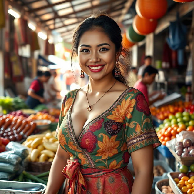 A beautiful Malaysian woman with large, round breasts, depicted as a playful vendor in a vibrant market setting