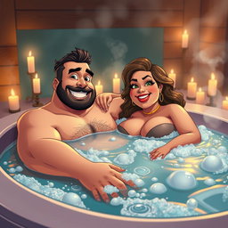 An ultra-detailed masterpiece in a hyper-realistic cartoon art style, showcasing a captivating scene of a dude and a voluptuous, curvy BBW Milf enjoying a luxurious hot tub bath together