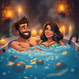 An ultra-detailed masterpiece in a hyper-realistic cartoon art style, showcasing a captivating scene of a dude and a voluptuous, curvy BBW Milf enjoying a luxurious hot tub bath together