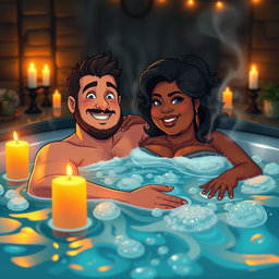 An ultra-detailed masterpiece in a hyper-realistic cartoon art style, showcasing a captivating scene of a dude and a voluptuous, curvy BBW Milf enjoying a luxurious hot tub bath together
