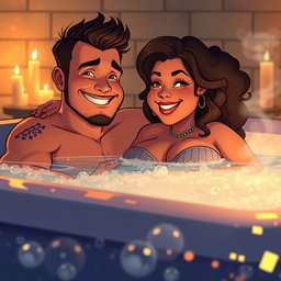 An ultra-detailed masterpiece in a hyper-realistic cartoon art style, showcasing a captivating scene of a dude and a voluptuous, curvy BBW Milf enjoying a luxurious hot tub bath together