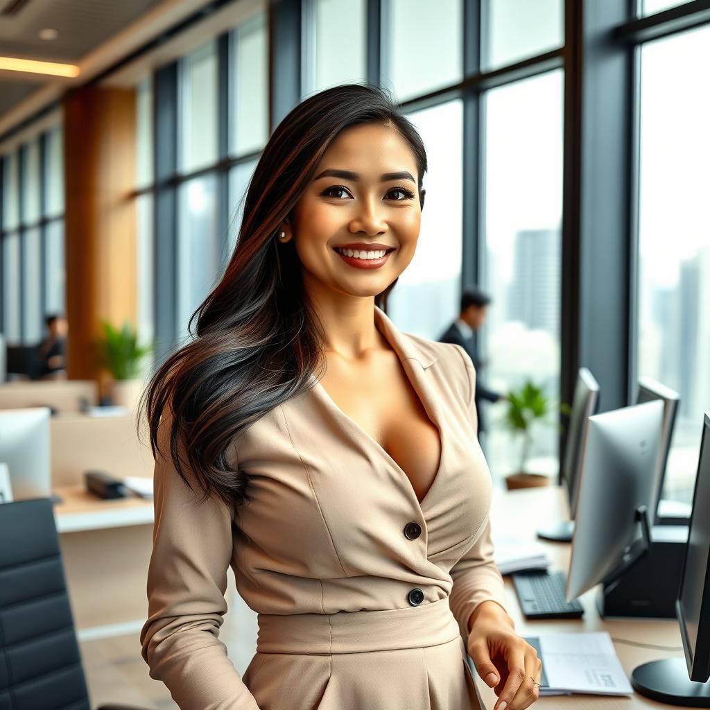 A beautiful Malaysian woman with large, round breasts, portrayed as a charming bank officer in a modern office environment