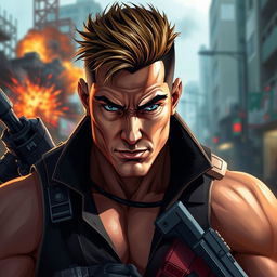 An intense and detailed portrait of a fictional high-octane action hero inspired by John Bravo