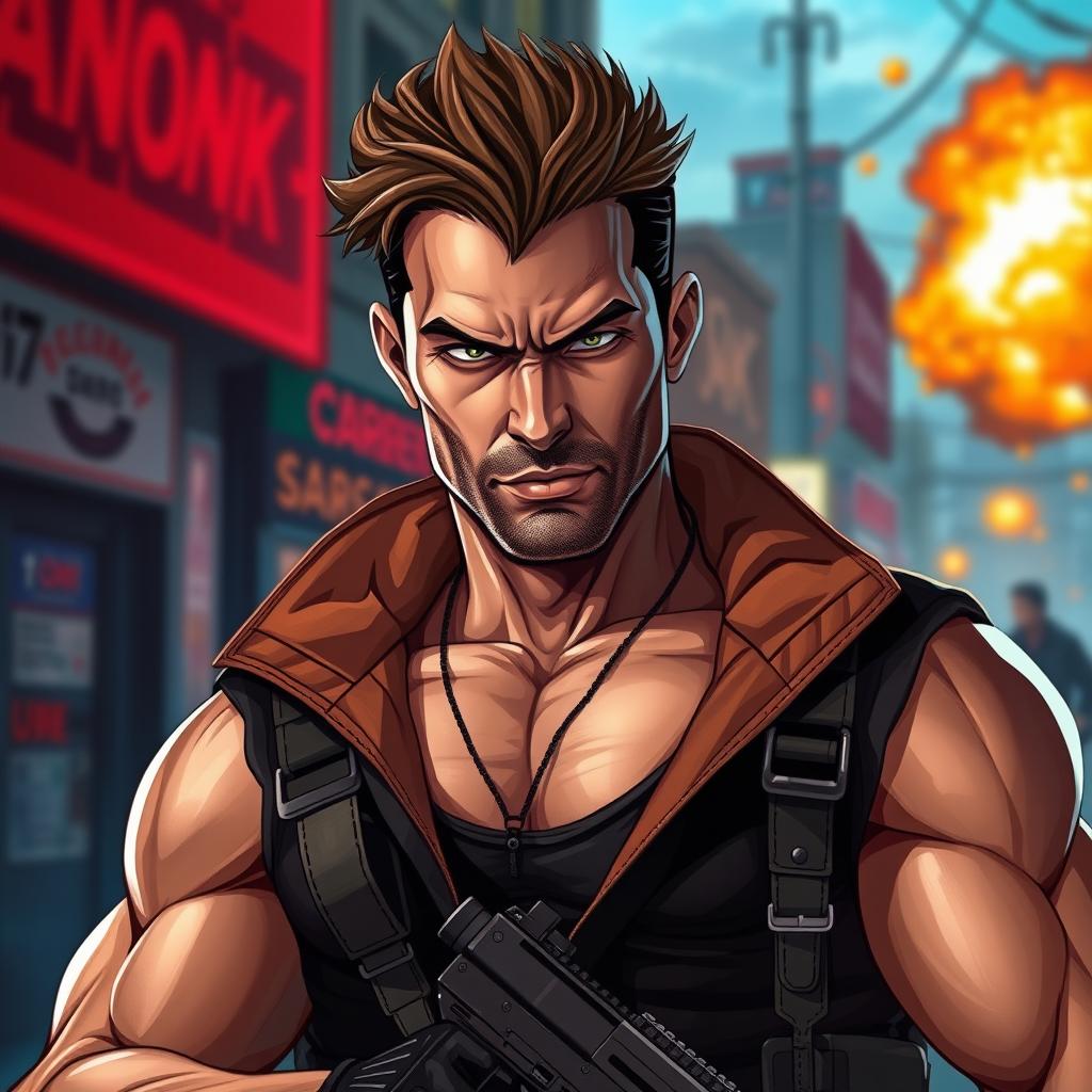 An intense and detailed portrait of a fictional high-octane action hero inspired by John Bravo