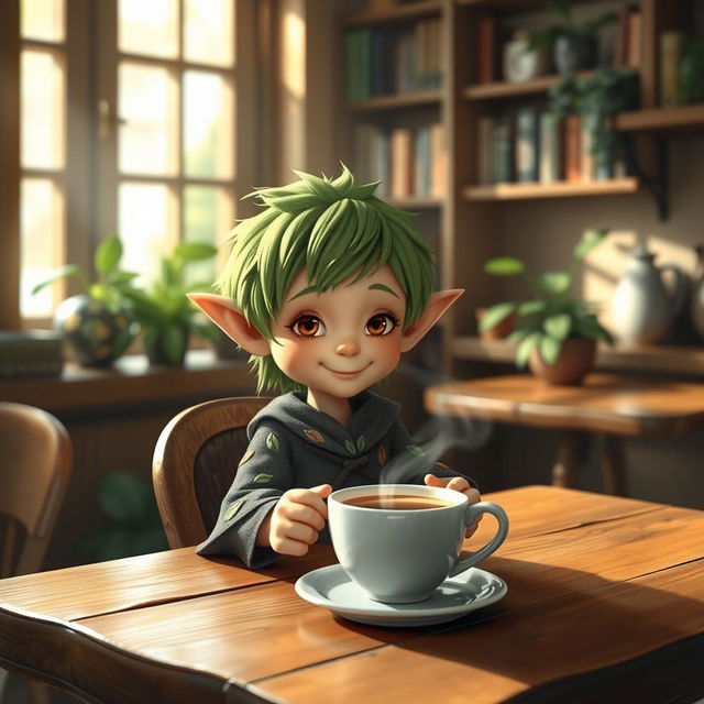 A small, whimsical elf sitting at a cozy wooden table, enjoying a steaming cup of coffee