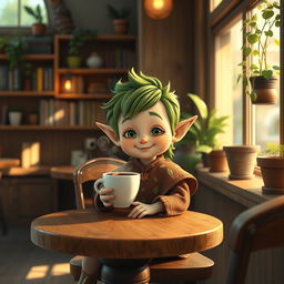 A small, whimsical elf sitting at a cozy wooden table, enjoying a steaming cup of coffee