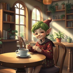 A small, whimsical elf sitting at a cozy wooden table, enjoying a steaming cup of coffee