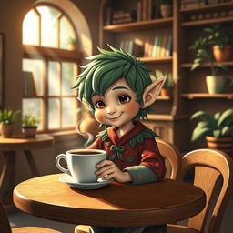 A small, whimsical elf sitting at a cozy wooden table, enjoying a steaming cup of coffee