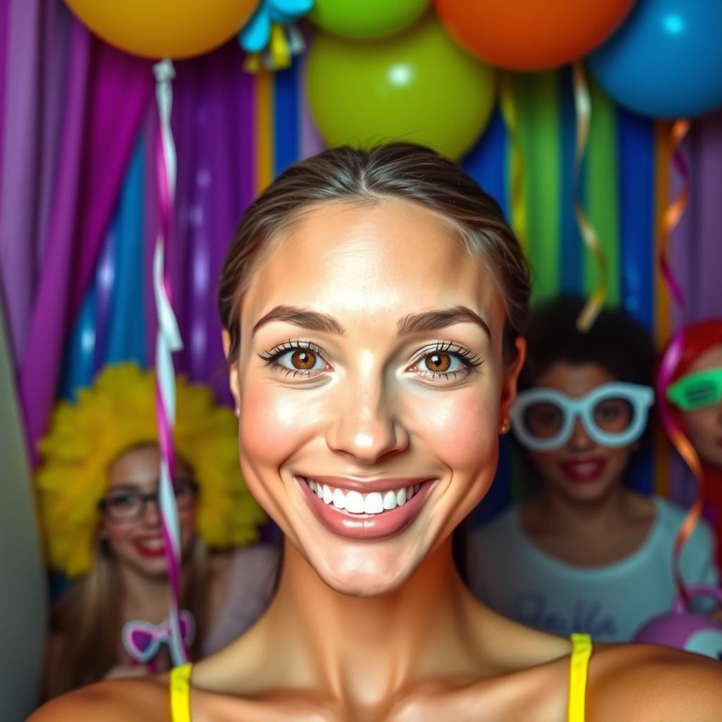 A vibrant photo booth setting, featuring colorful backdrops and playful props