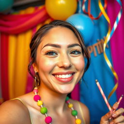 A vibrant photo booth setting, featuring colorful backdrops and playful props