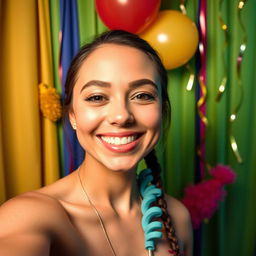A vibrant photo booth setting, featuring colorful backdrops and playful props