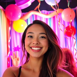 A vibrant photo booth setting, featuring colorful backdrops and playful props