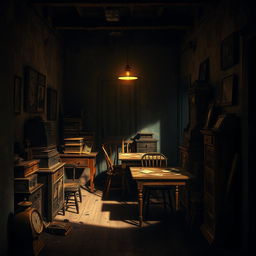 An artistic representation of a backroom, featuring a dimly lit and mysterious atmosphere