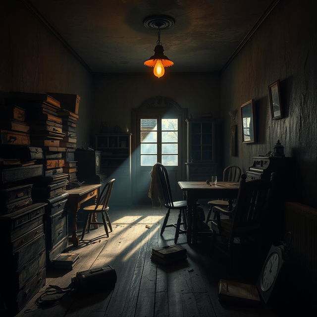 An artistic representation of a backroom, featuring a dimly lit and mysterious atmosphere