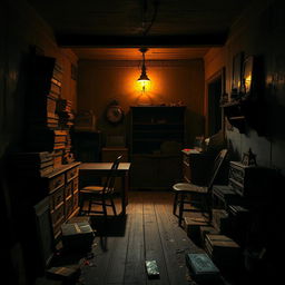 An artistic representation of a backroom, featuring a dimly lit and mysterious atmosphere