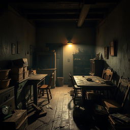 An artistic representation of a backroom, featuring a dimly lit and mysterious atmosphere