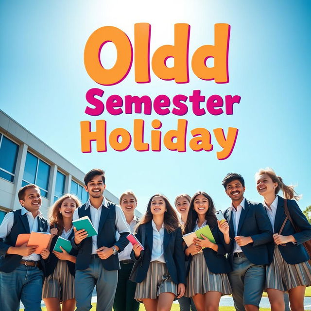 A vibrant and colorful poster featuring a group of high school students enjoying their semester break