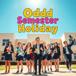 A vibrant and colorful poster featuring a group of high school students enjoying their semester break