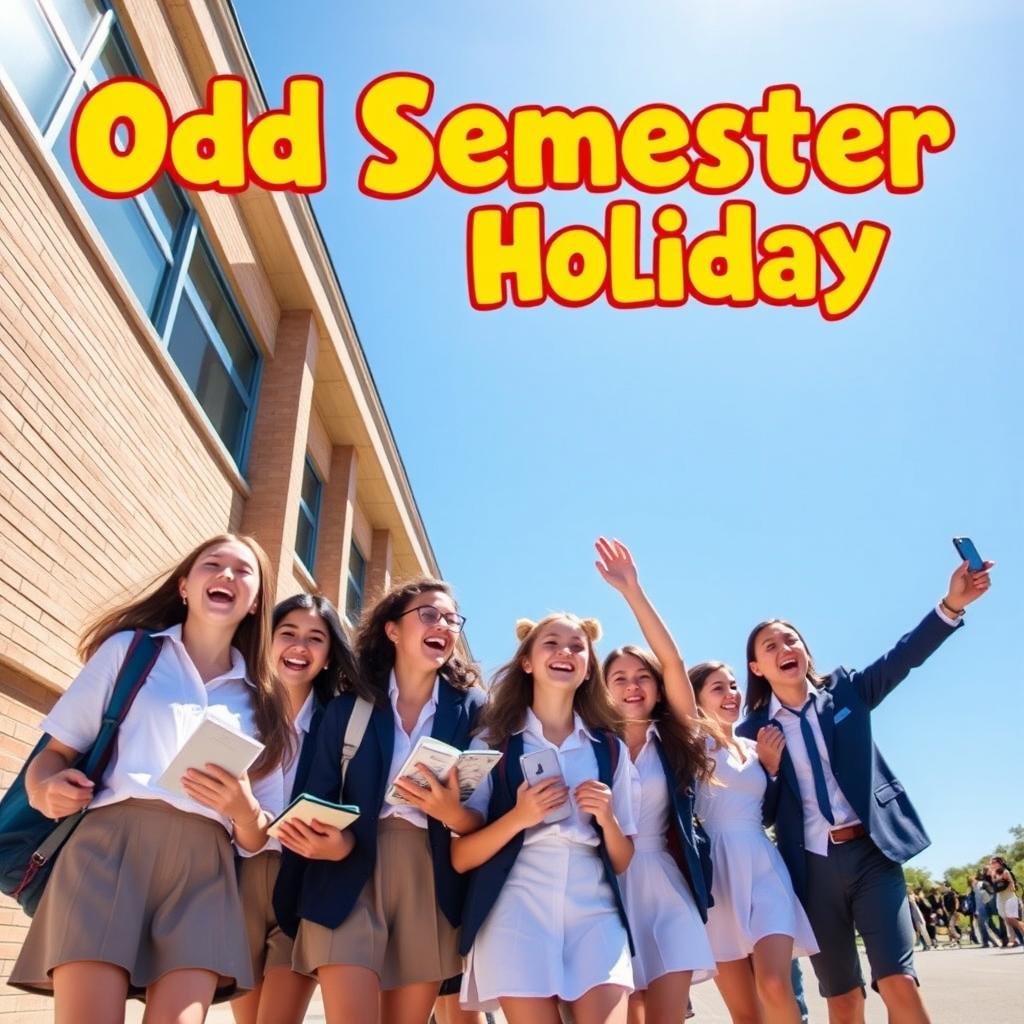 A vibrant and colorful poster featuring a group of high school students enjoying their semester break