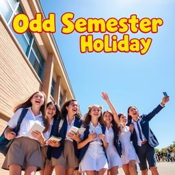 A vibrant and colorful poster featuring a group of high school students enjoying their semester break